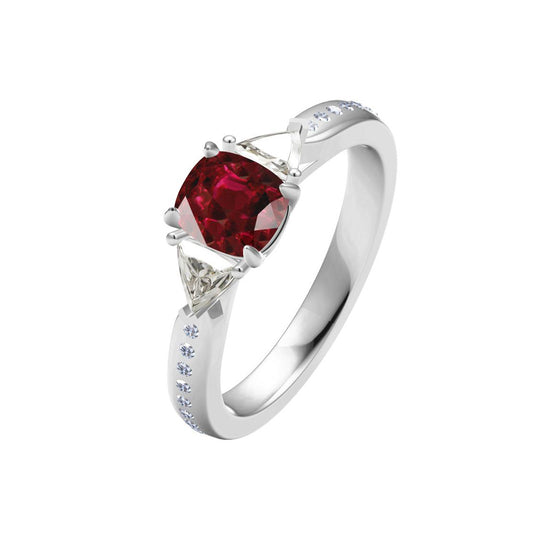 KDY-N789995 ruby ​​1+2 three stone ring with triangular diamonds on both sides 17#