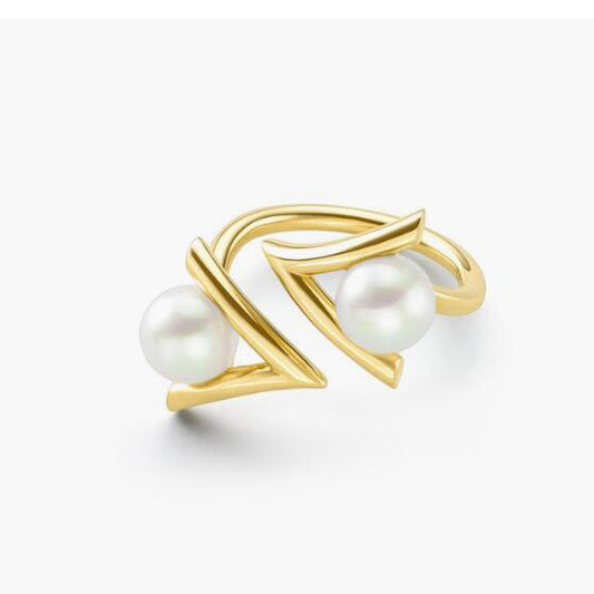 TSQ-R-4785 light gold open twisted arm double pearl ring